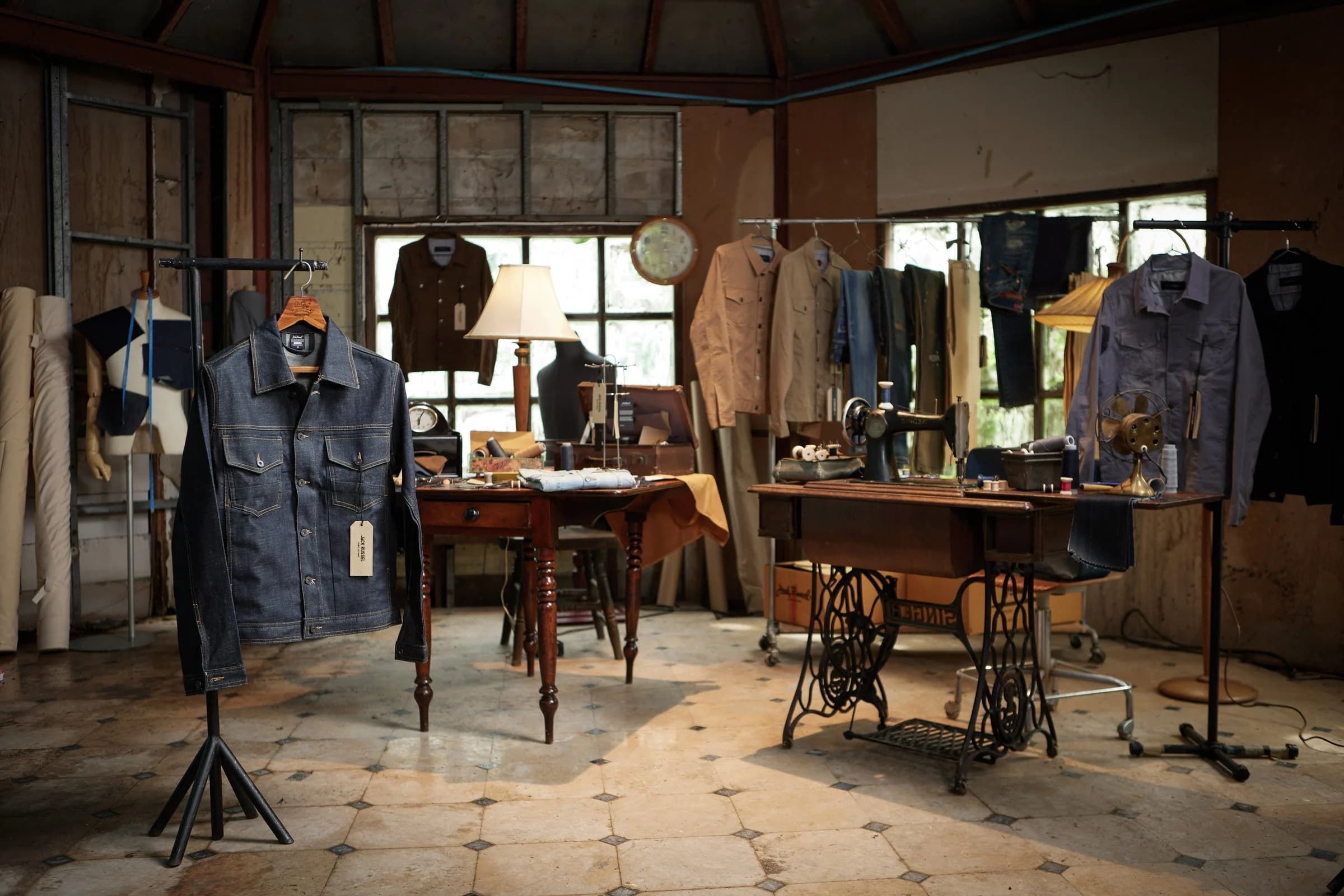Jack Russel workshop with denim jackets and vintage sewing machines