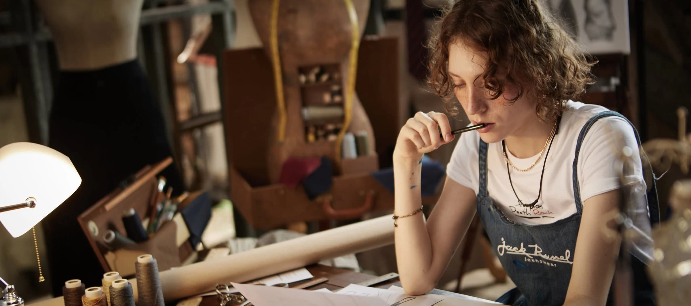 A maker sketching at a workbench, wearing Jack Russel denim dungarees