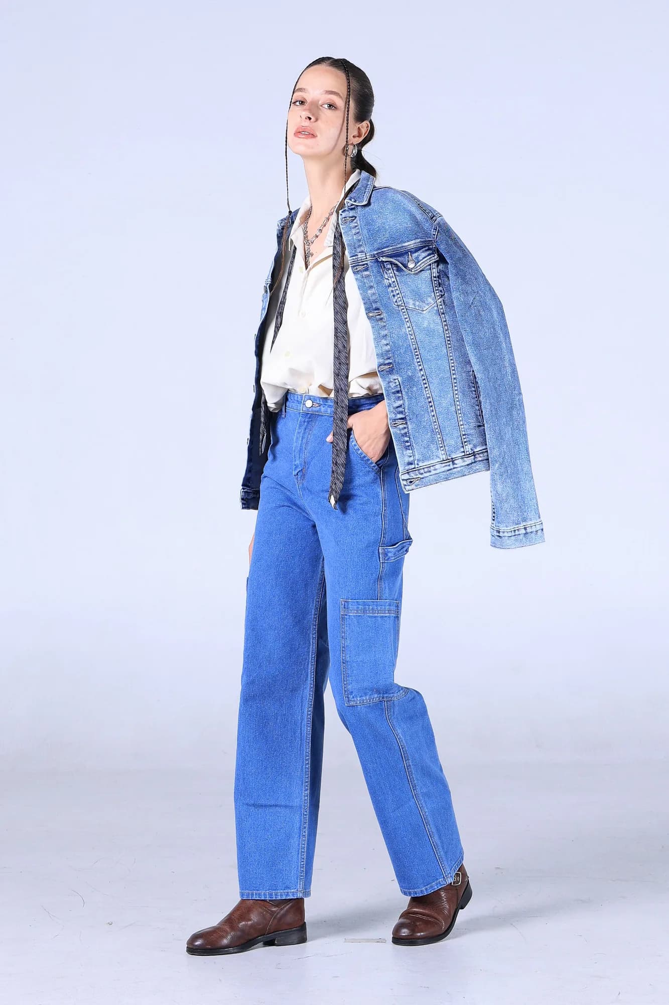 Jack Russel - Women Cargo Jeans - Handwerk JF-140 Straight Fit Blue High Waisted